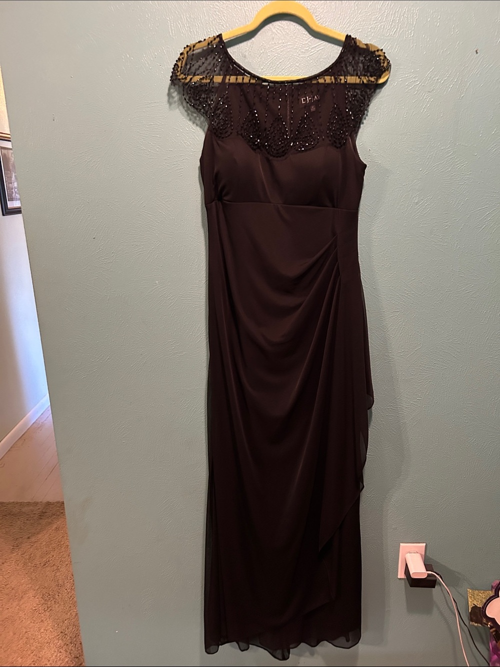 Beaded Illusion Yoke Maxi Dress in Black